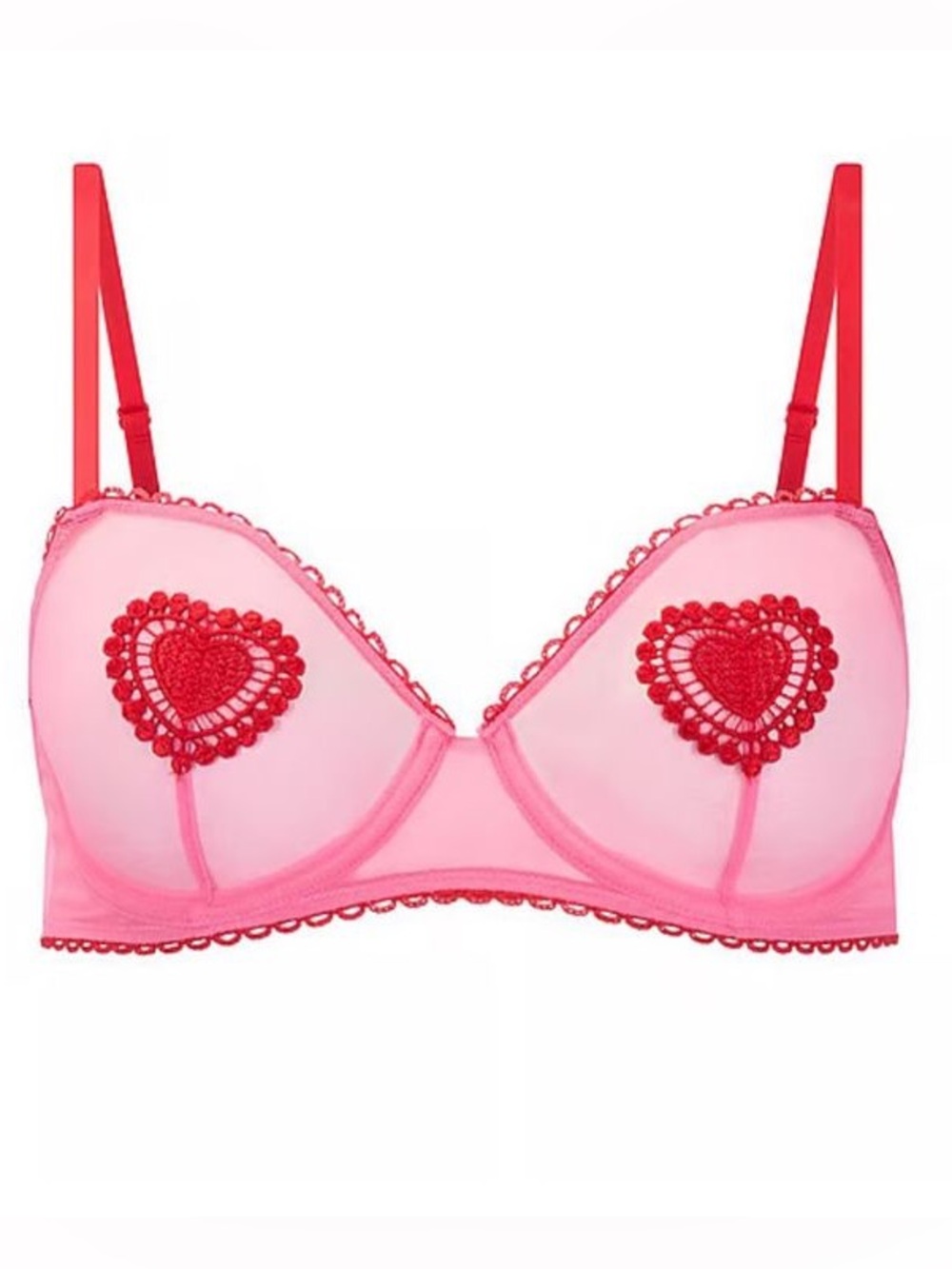 Sheer Heart Appliqué Underwire Bra - Pink/Red